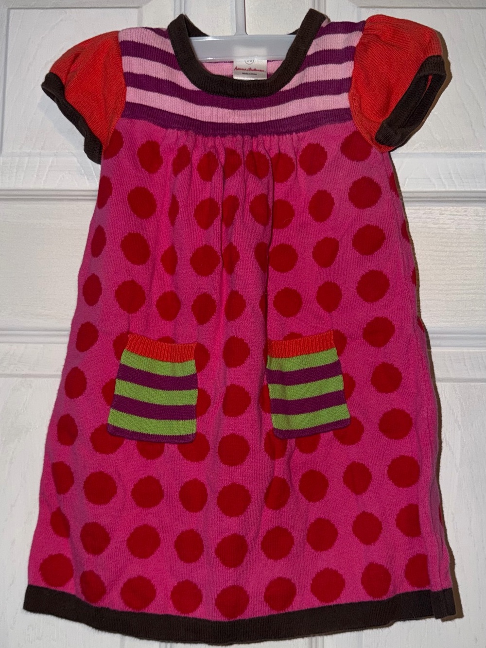 Pink and Red Polka Dot Knit Dress with Stripe Pockets Sz 90 US 2T/3T